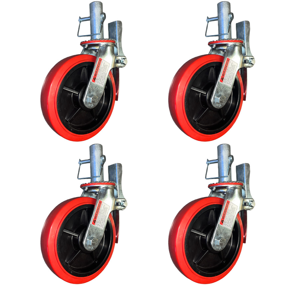 4 pcs Scaffold Caster 8″ x 2″ Red PU Wheel Locking Brake 1-1/4″ Stem with Pin