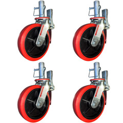 4 pcs Scaffold Caster 8″ x 2″ Red PU Wheel Locking Brake 1-1/4″ Stem with Pin
