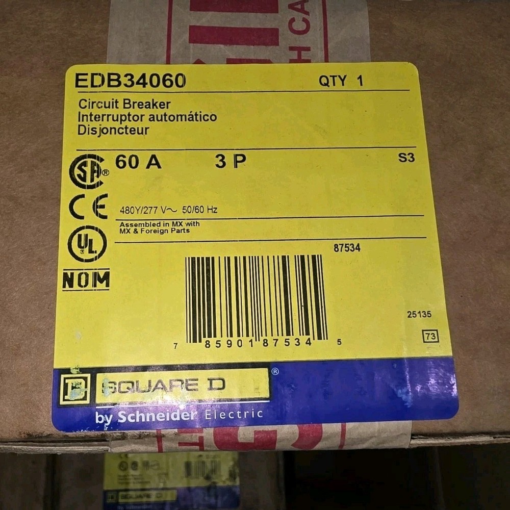 Square D EDB34060 60A 3-Pole Circuit Breaker 480Y/277V AC UL CSA NOM