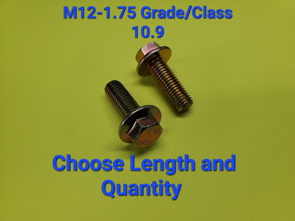 M12-1.75 x (CHOOSE LENGTH & QUANTITY) Grade 10.9 Metric Flange Bolts Yellow Zinc