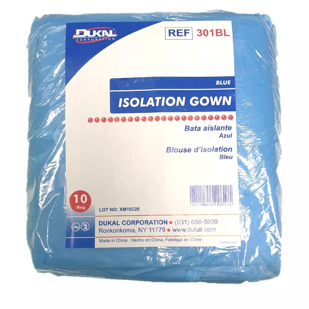 Dukal (DUK 301BL) Disposable Isolation Gown, Blue – 10 Count