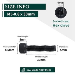 M5-0.8 x 30mm Socket Head Cap Screws, 12.9 Grade Alloy Steel, Black Oxide Fin…