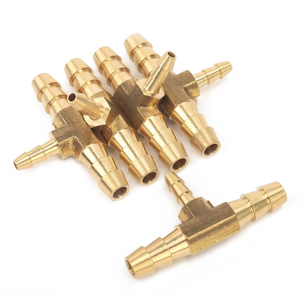 Brass Barb Tee Fitting 1/4Inch x 1/4Inch x 1/8Inch ID Hose Water 5 PCS