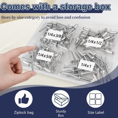 70 Pcs 1/4 Inches Pop Rivets 1/4″ x (3/8″, 1/2″, 5/8″, 1″) Silver Aluminum
