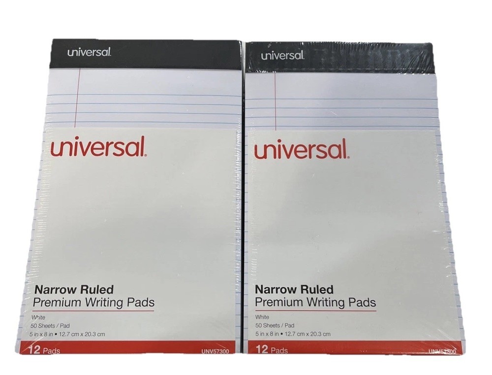 Universal Narrow Ruled Premium Writing Pads White 50 Sheets 12 Pads (2 Pack)