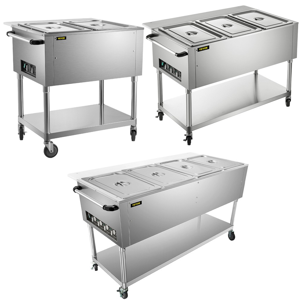 VEVOR 2/3/4 Pans Commercial Steam Table Electric Food Warmer with Wheels 1-2 kW