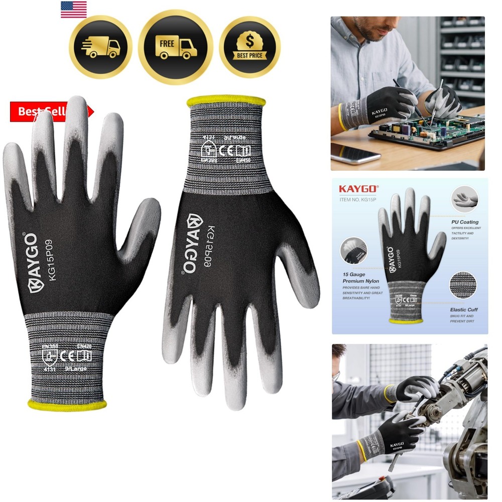 Ultra Thin PU Coated Safety Work Gloves, 12 Pairs Nylon Knit, High Dexterity …