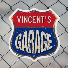 Vincent’s Garage Shield Shaped Sign Weather Resistant Crafted in the USA