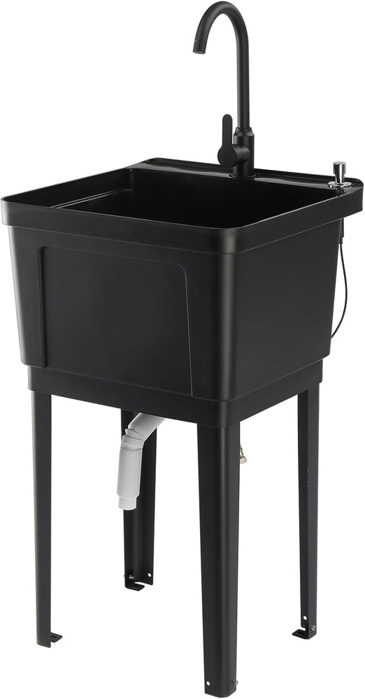 Plastic Utility Sink, Freestanding Sink with Hot&Cold Faucet, Soap Dispenser