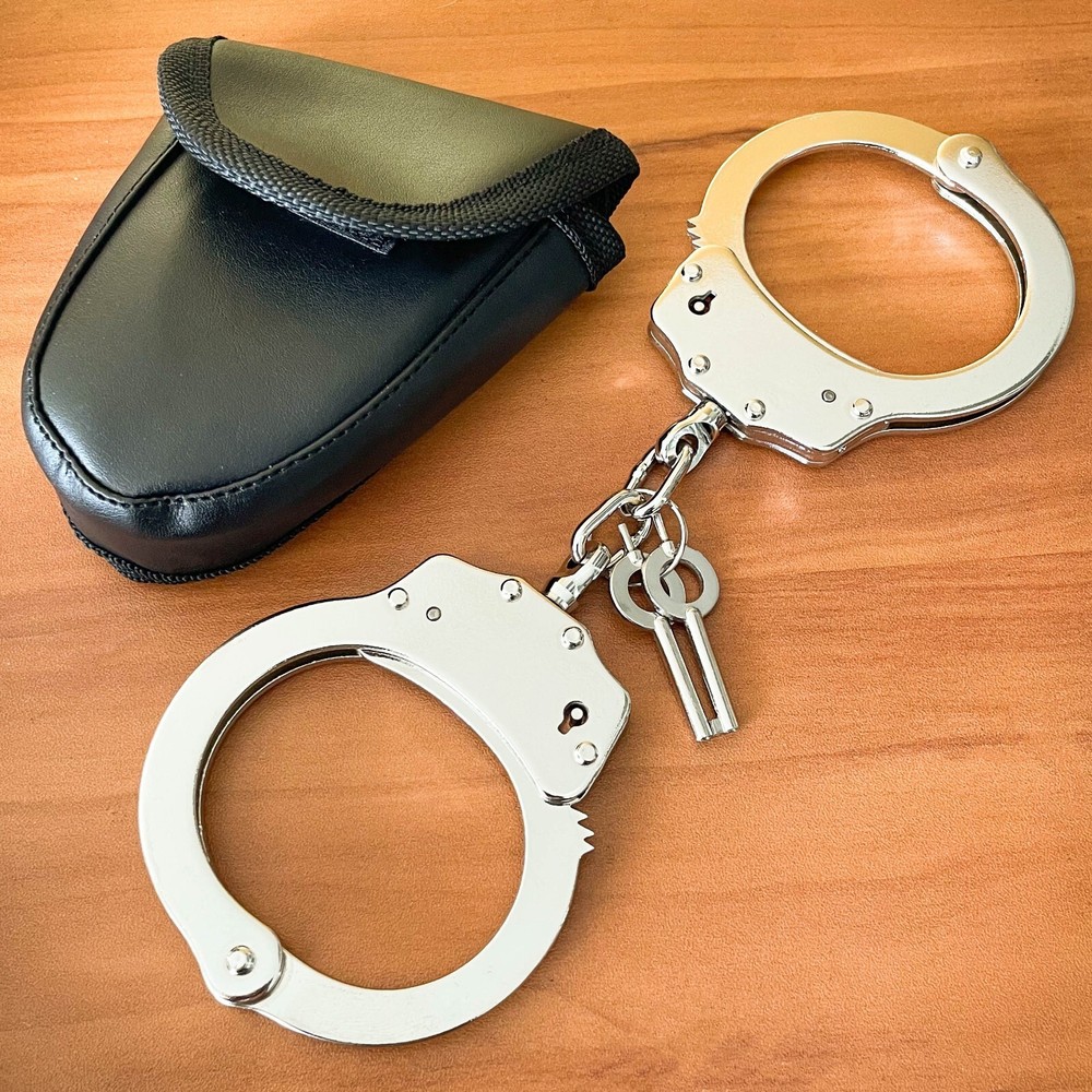 Handcuffs Professional Double Lock Metal Steel Police Security SILVER w/ Pouch