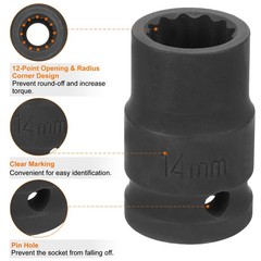 12-Point Impact Socket 1/2 Inch Drive 14mm Metric Cr-V Shallow Impact Socket
