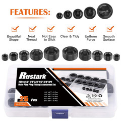 25 Pcs Carbon Steel Pipe Plugs Assortment Set with 1/8″ 1/4″ 3/8″ 1/2″ 3/4″ NPT