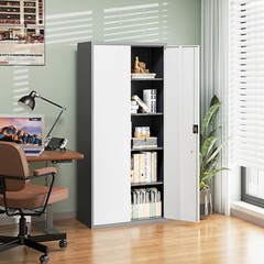 Metal Garage Cabinet Lock Adjustable Shelves Steel Tool Storage Gray White 72in