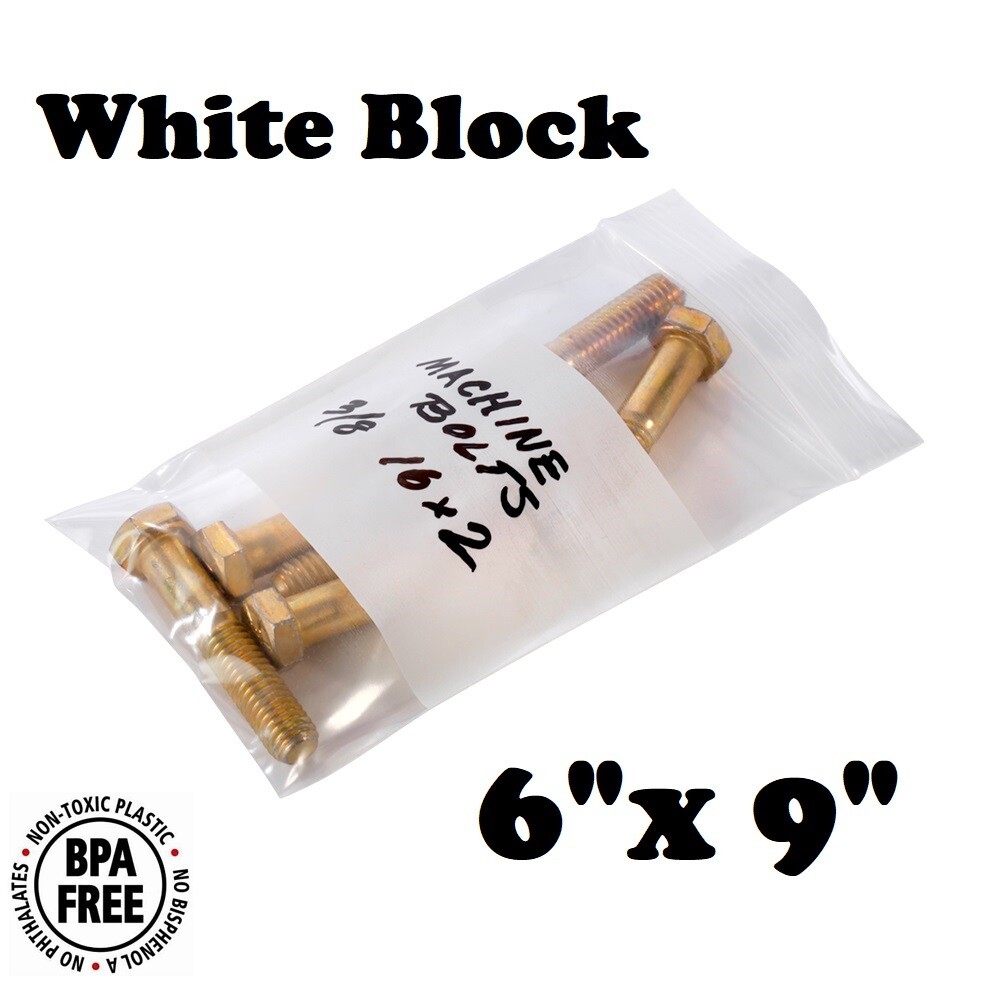 6″ x 9″ White Block Zip Seal Bags Reclosable Top Lock 2Mil or 4Mil Heavy Duty