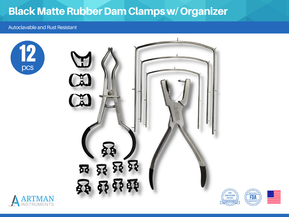 Rubber Dam Kit w/ 12 Anti-Reflection Clamps and Small Medium Large Frames ARTMAN