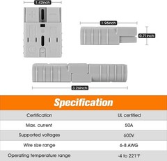 50A-600V Anderson Connector with 6-12 Gauge, Gray Battery Kit for Winch Trailer