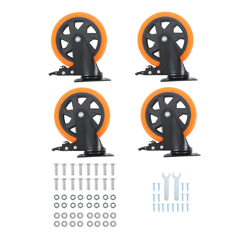 4 Pcs Orange With Locking Brake 6″ Heavy Duty Swivel Caster Wheels No Noise