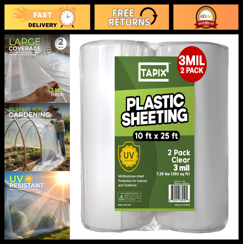 Heavy Duty Plastic Sheeting 10′ x 25′ – 3 Mil UV Protection Polyethylene Film (2