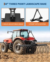50” Landscape Rake, 3 Point Hitch Tractor Rake Fit for Category-0 Cat-1 Tractor