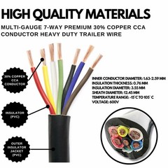 Heavy Duty 14/12/10AWG Multi Guage 7 Way CCA Conductor Wire RV Trailer Tow