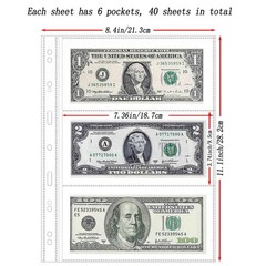 40 Sheets Currency Pages 3 Pockets Paper Money Protectors for 3 Ring Binders