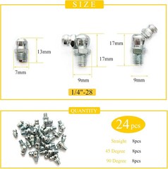 1/4″-28 24Pcs Grease Fitting Assortment Straight 45 90 Degree Grease Zerk Fittin