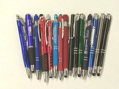 15ct Mixed Lot Retractable Metal Pens: Misprints/ Overstock/ Blank/ Stylus/ Grip