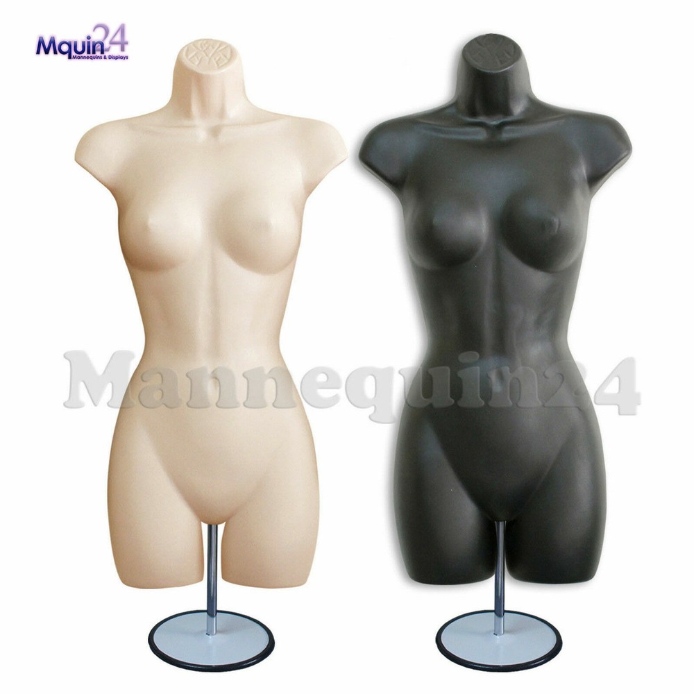 BLACK & FLESH MANNEQUIN FEMALE TORSO DRESS FORMS SET with TABLE TOP STANDS