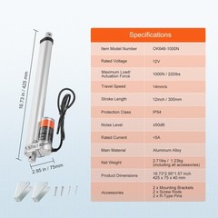 VEVOR Linear Actuator 12V 12Inch 0.55″/s High Speed 220lbs/1000N IP54 Protection
