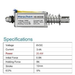 DC Solenoid Electromagnet HS-0530B DC6V 3.4A 10mm Stroke Push Pull Type Linear
