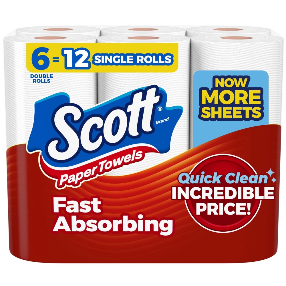 Scott Paper Towels, Choose-A-Sheet, 6 Double Rolls = 12 Regular Rolls (108 Sh…