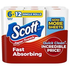 Scott Paper Towels, Choose-A-Sheet, 6 Double Rolls = 12 Regular Rolls (108 Sh…