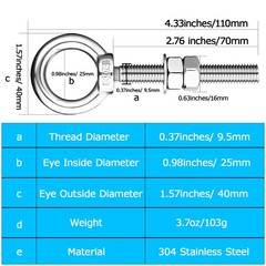 M10 Shoulder Eye Bolts 2.75″ X3/8″ Premium Stainless Steel with 2 Nuts and 1 …