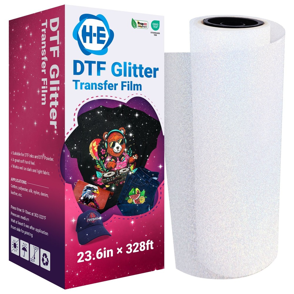 23.6″ x 328ft DTF Glitter Transfer Film Roll Cold Peel For Dark Light Fabric