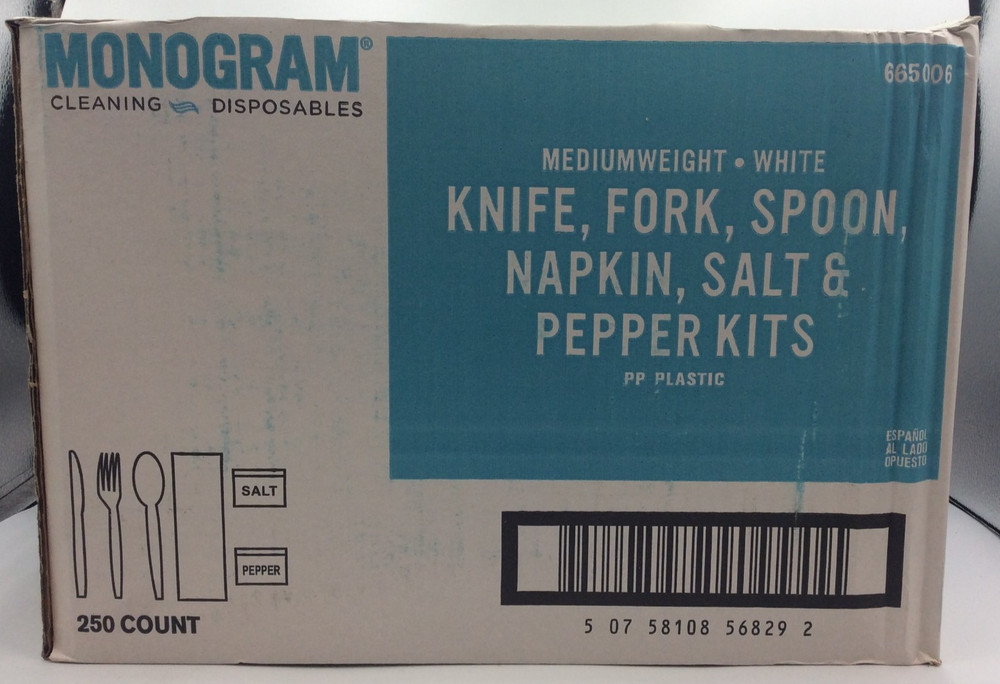 Monogram Cutlery Kit Medium Weight White w/ Salt Pepper Knife Fork Spoon Napkin