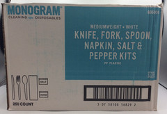 Monogram Cutlery Kit Medium Weight White w/ Salt Pepper Knife Fork Spoon Napkin