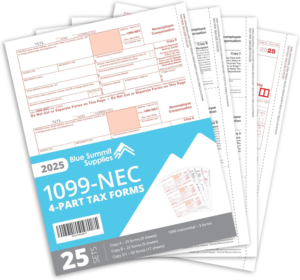 Blue Summit Supplies 1099-NEC 4-Part Tax Form Kit, 2025, Intended for Quickbooks