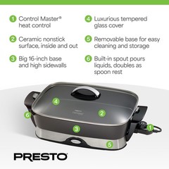 Presto Electric Foldaway Nonstick Skillet with Tempered Glass Lid, 16″, Black