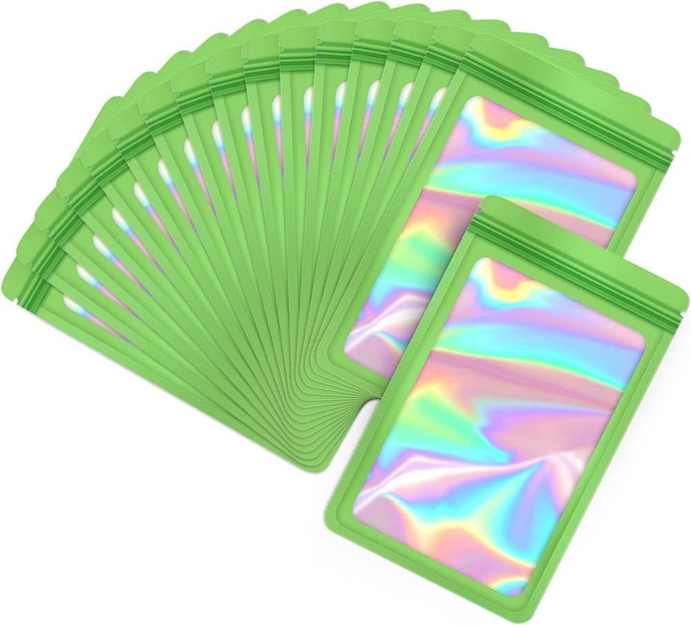 100 Pack Green Holographic Ziplock Bags Resealable Sealable Mylar Packaging Bag