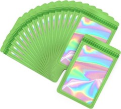 100 Pack Green Holographic Ziplock Bags Resealable Sealable Mylar Packaging Bag