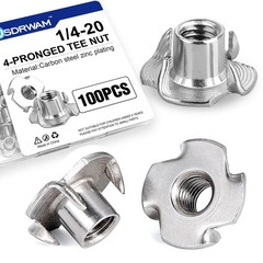 100 Pack 1/4″20 T Nuts for Wood, ZincPlated Carbon Steel 4Prong Tee Nuts for …