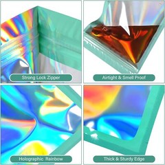 100 Pack Cyan Holographic Ziplock Bags Resealable Sealable Mylar Packaging Bag