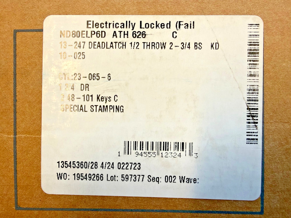 SCHLAGE ND80ELP6D ATH 626 C ELECTRONICALLY UNLOCKED FAIL SECURE DOOR LOCK