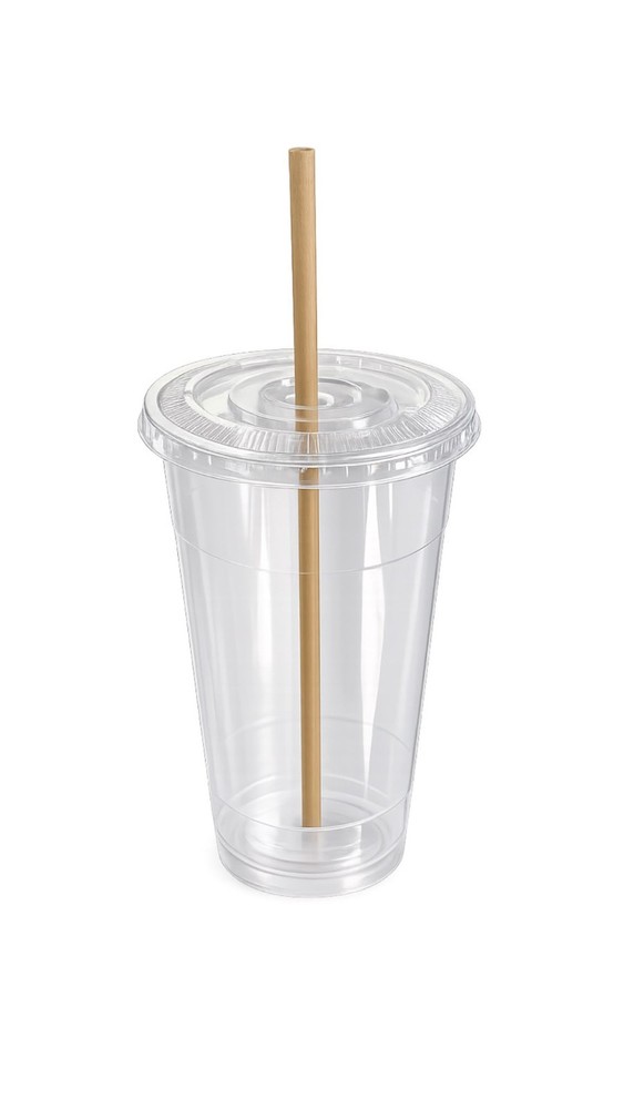 25 Sets 32 oz Plastic Clear Cups with Flat Lids and Eco Compostable Straws
