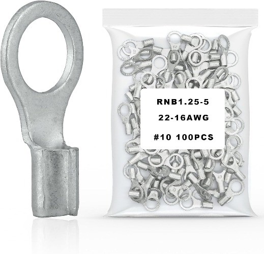 100Pcs 10 Non Insulated Ring Terminal, 22 16 AWG Brazed Seam Red Copper Wire