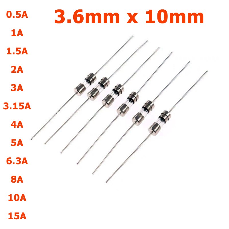 3.6x10mm With Foot Lead Glass Fuse/Tube 250V Slow & Fast Blow 0.5A 1A -15A Amp