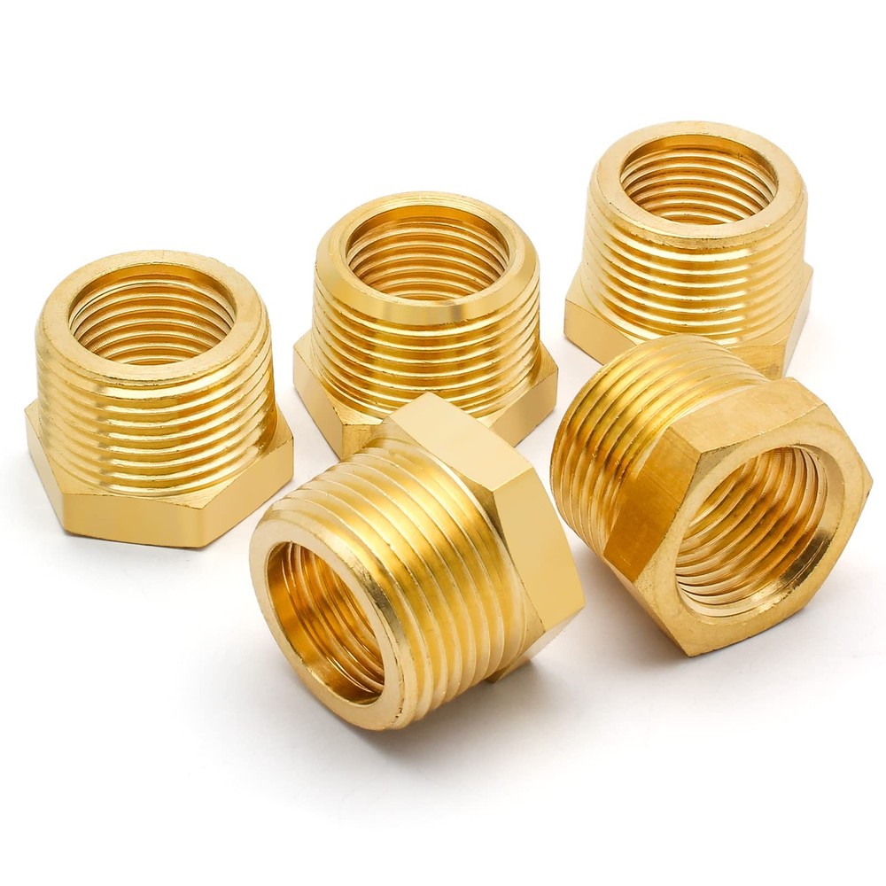 Litoexpe 5Pcs Brass Reducer Hex 3/4″ NPT Male to 1/2″ Female, Gold