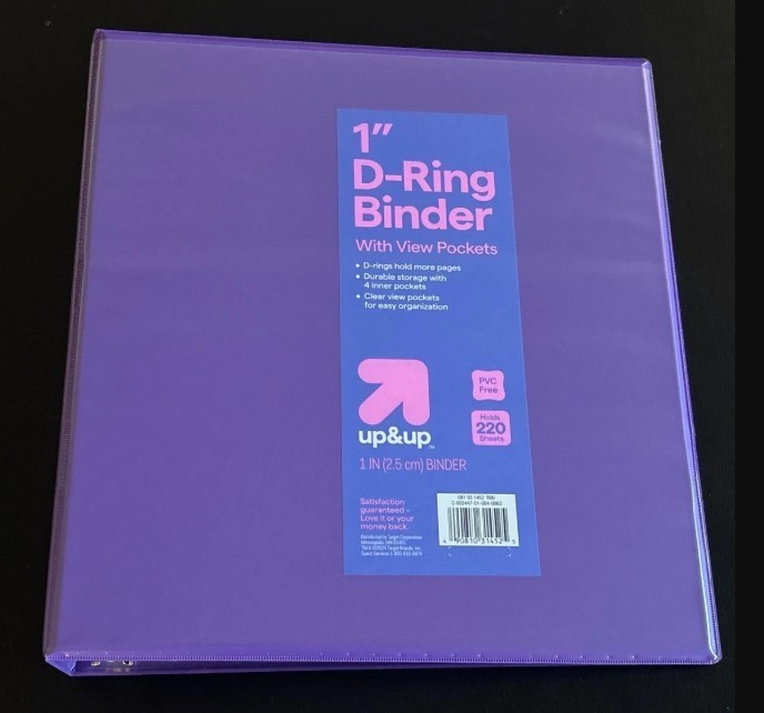 UP&UP – TARGET BRAND – 1 Inch – 3 D Ring – Binder – PURPLE