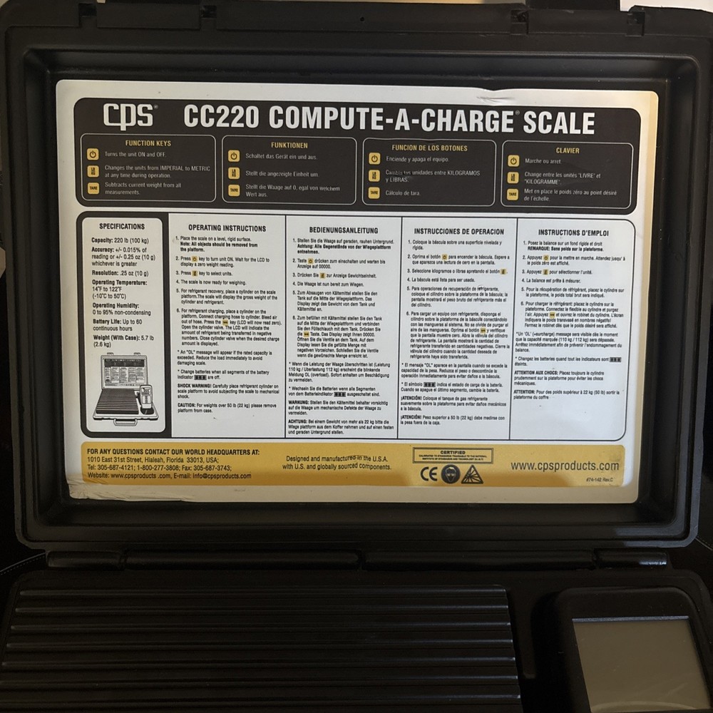 CPS CC220 Compute-A-Charge Refrigerant Scale 220lbs / 100kg Capacity w/ Case
