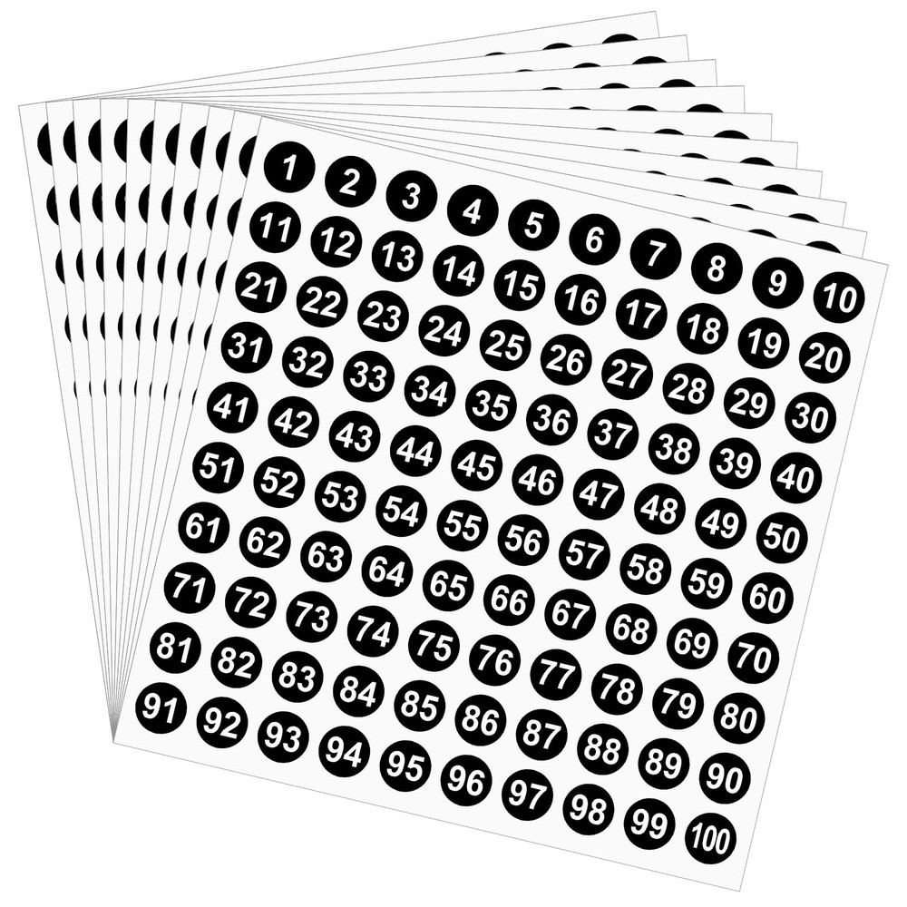 1-100 Round Number Stickers, 10 Sheets Consecutive Labels, Black